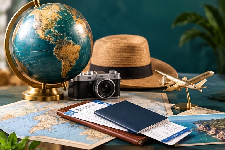Travel planning desk with globe, map, camera, hat, and tickets