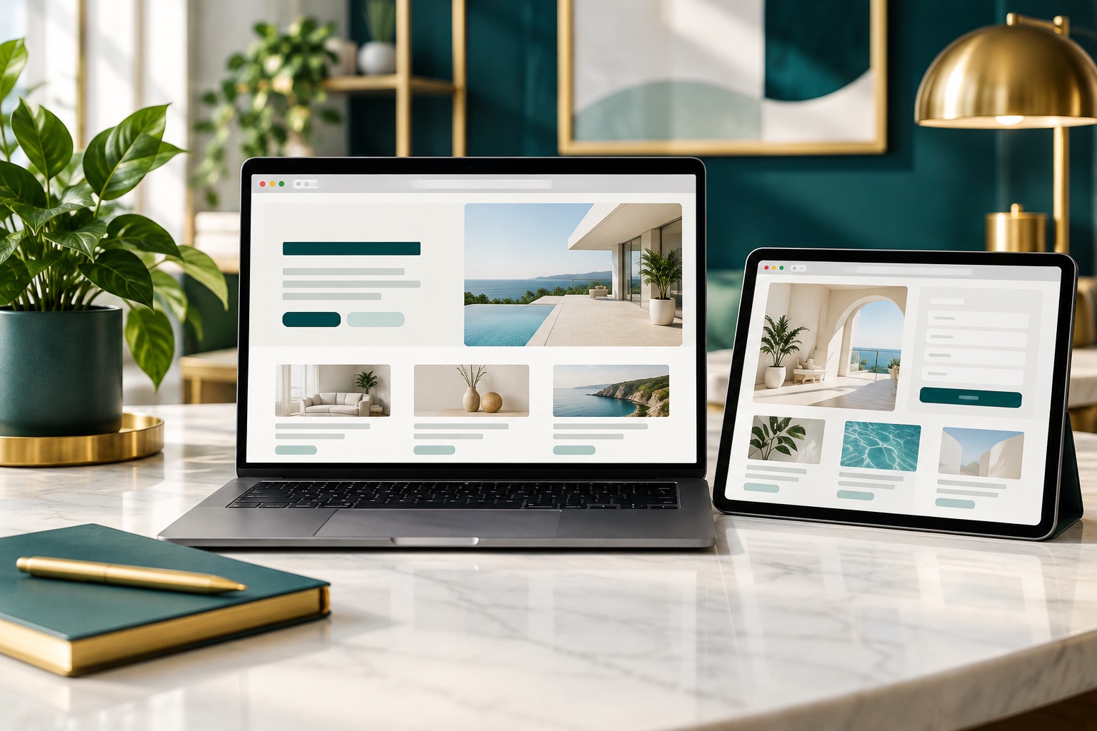 Business website layouts displayed on laptop and tablet screens